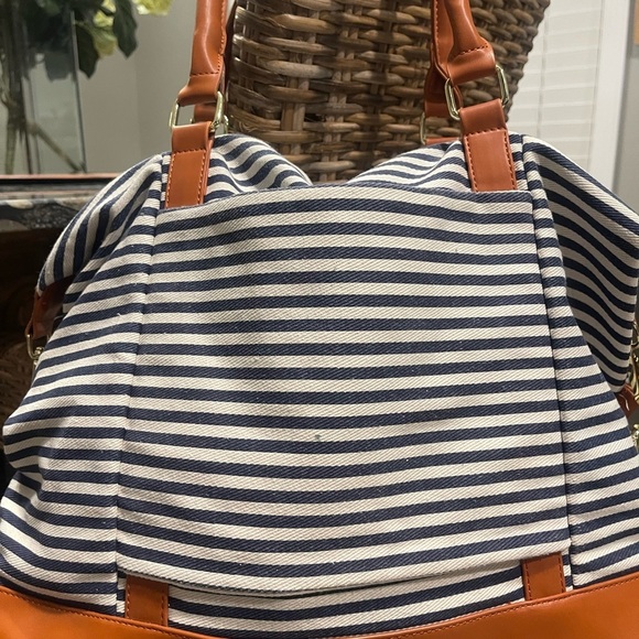 Baosha Nautical Blue and Tan Shoulder Bag with Leather Straps duffel weekender - Picture 5 of 9